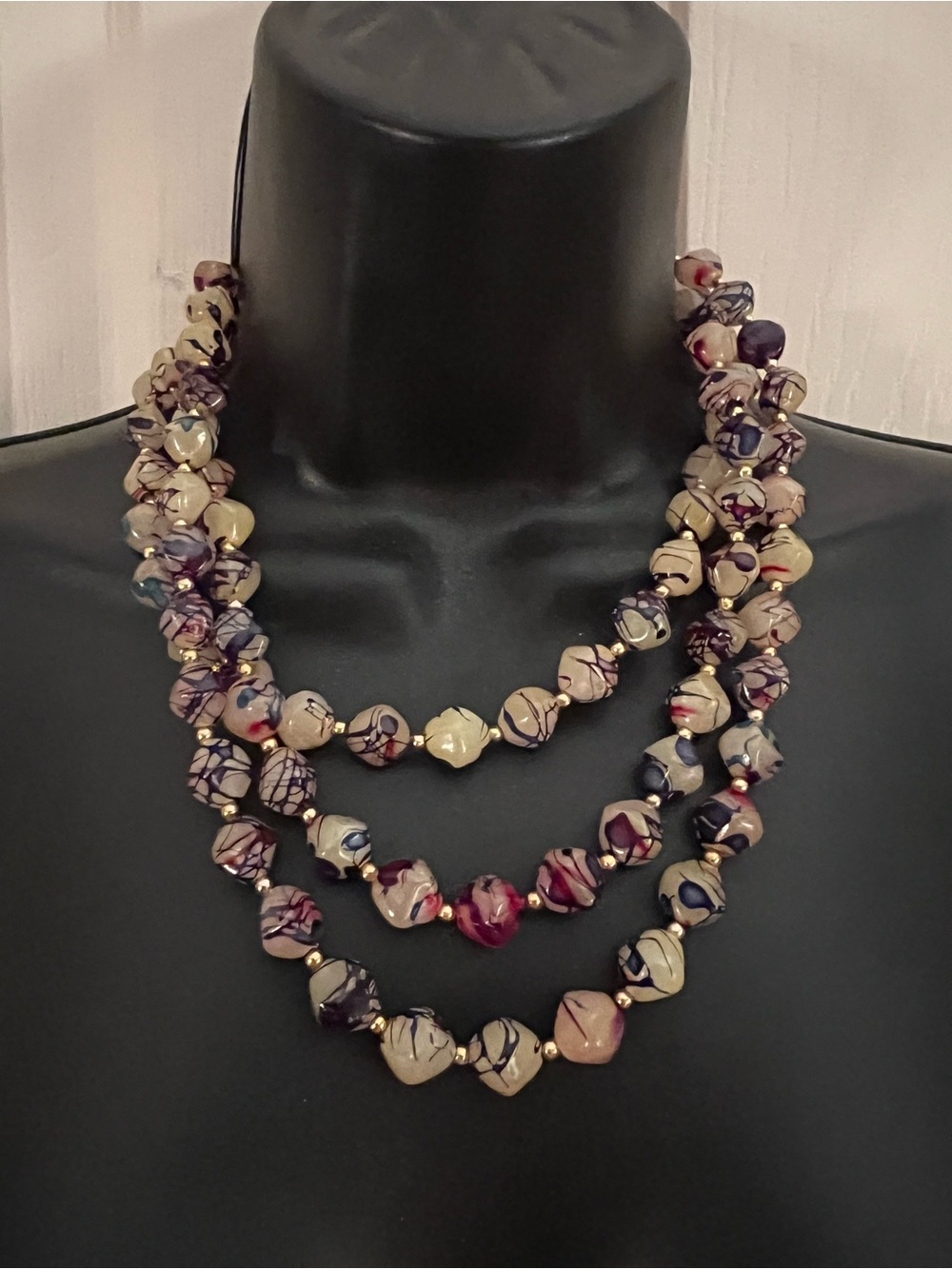 Multi-Strand Bead Necklace in Cream and Purple